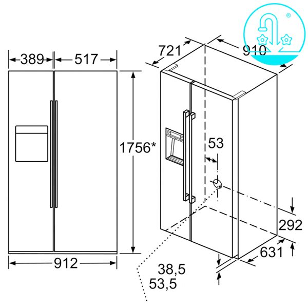 Bản vẽ kỹ thuật tủ lạnh side by side Bosch KAD92HI31